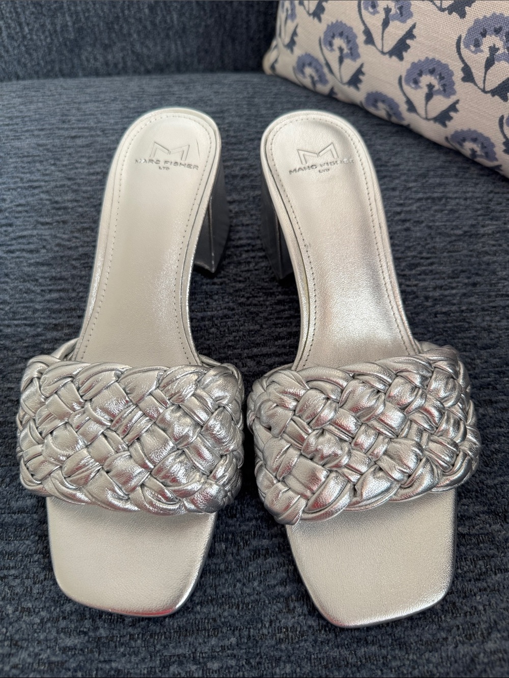 Marc Fisher Metallic Silver Braided Mule Slides
